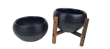 Ev Dekorasyon  Siyah Granit Küp Aranjman Saksı Saksılık Salon Çiçeklik İkili Set (Ayaksız-4 Ayak)